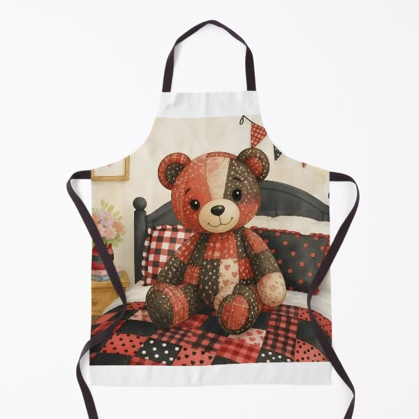 Item preview, Adorable Red and Black Patchwork Bear on Bed designed and sold by Shelley Loewnau-Jones Studio.