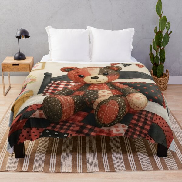 Item preview, Adorable Red and Black Patchwork Bear on Bed designed and sold by Shelley Loewnau-Jones Studio.