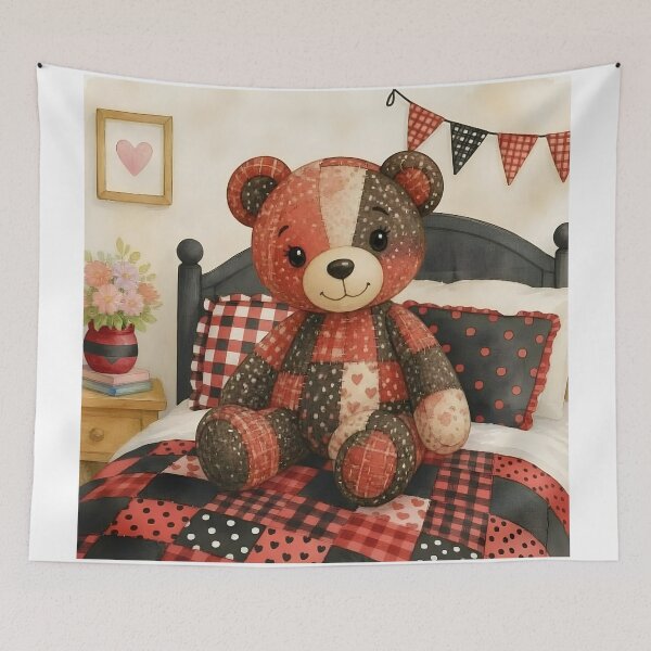 Item preview, Adorable Red and Black Patchwork Bear on Bed designed and sold by Shelley Loewnau-Jones Studio.