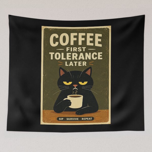 Item preview, Grumpy Black Cat Coffee Humor Vintage Morning Mood designed and sold by eliramaison.