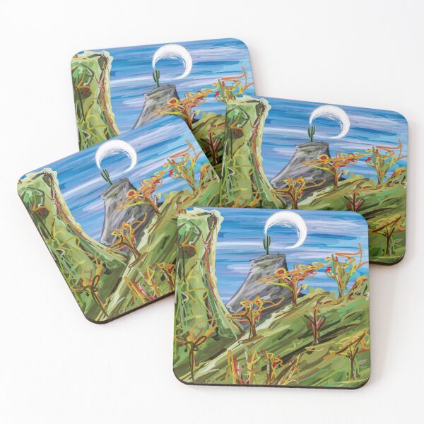 Item preview, Dreamlike Lunar Valley – Colorful Landscape of Cactus at Dusk and Crescent Moon designed and sold by Keltoi-art.