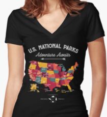 National Park Map Vintage T Shirt - All 59 National Parks Gifts Men Women Kids Women's Fitted V-Neck T-Shirt