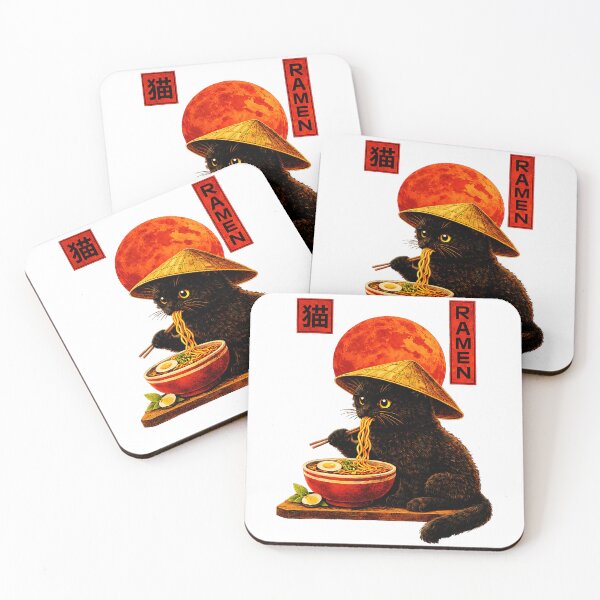 Item preview, Black Cat Eating Ramen Under Red Moon Japanese Street  designed and sold by titanlevi.