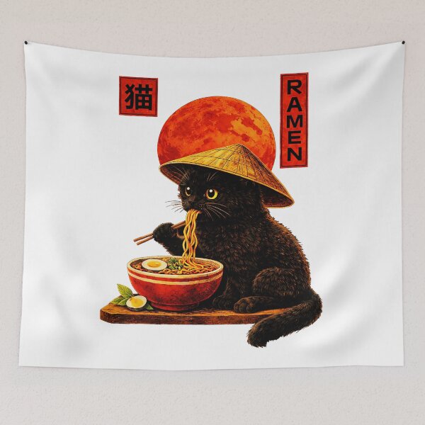 Item preview, Black Cat Eating Ramen Under Red Moon Japanese Street  designed and sold by titanlevi.
