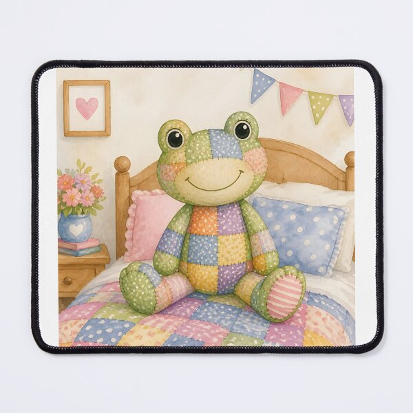 Item preview, Green Patchwork Frog on Bed designed and sold by Shelley Loewnau-Jones Studio.