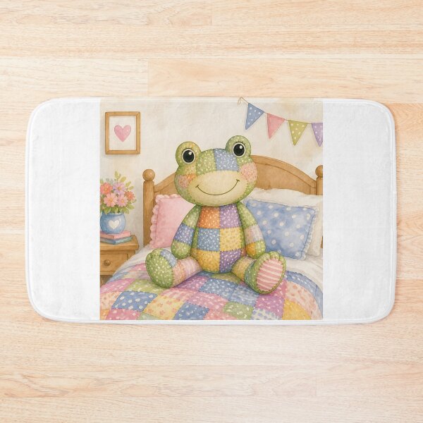 Item preview, Green Patchwork Frog on Bed designed and sold by Shelley Loewnau-Jones Studio.