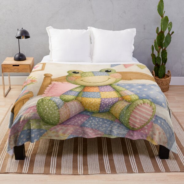 Item preview, Green Patchwork Frog on Bed designed and sold by Shelley Loewnau-Jones Studio.