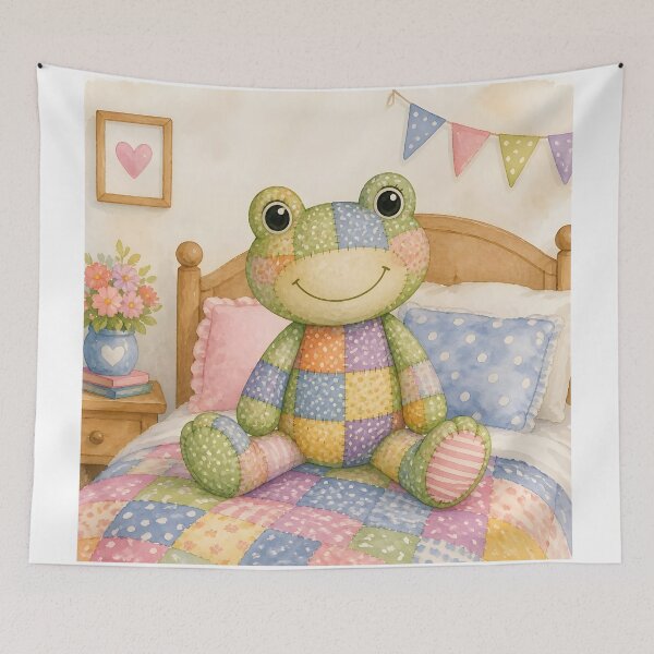 Item preview, Green Patchwork Frog on Bed designed and sold by Shelley Loewnau-Jones Studio.