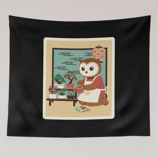 Item preview, Cute Gardening Owl Watering Bonsai Plants Cozy Cartoon designed and sold by JordynLadukeg65.