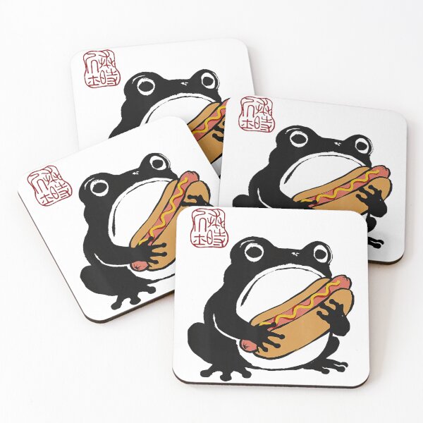 Item preview, Grumpy Frog Holding Hot Dog Cute Japanese Cartoon Food designed and sold by titanlevi.