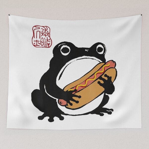 Item preview, Grumpy Frog Holding Hot Dog Cute Japanese Cartoon Food designed and sold by titanlevi.
