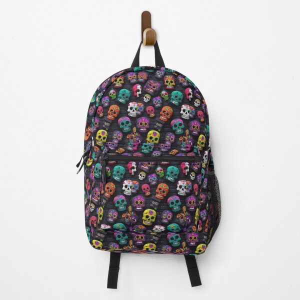 Item preview, Colorful Sugar Skulls Pattern Black Brick Wall Gothic Art designed and sold by GrimNest.