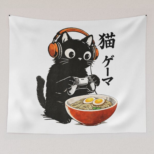 Item preview, Kawaii Gamer Cat with Ramen Bowl and Retro Gaming Style designed and sold by titanlevi.