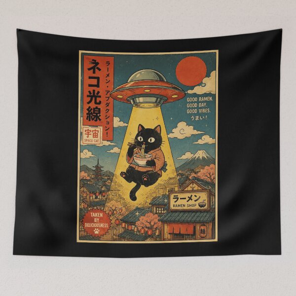 Item preview, Retro Space Cat Enjoying Ramen Above a Japanese Cityscape designed and sold by eliramaison.