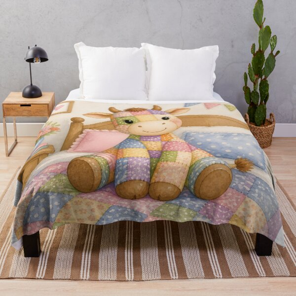 Item preview, Cute Patchwork Cow on Bed designed and sold by Shelley Loewnau-Jones Studio.