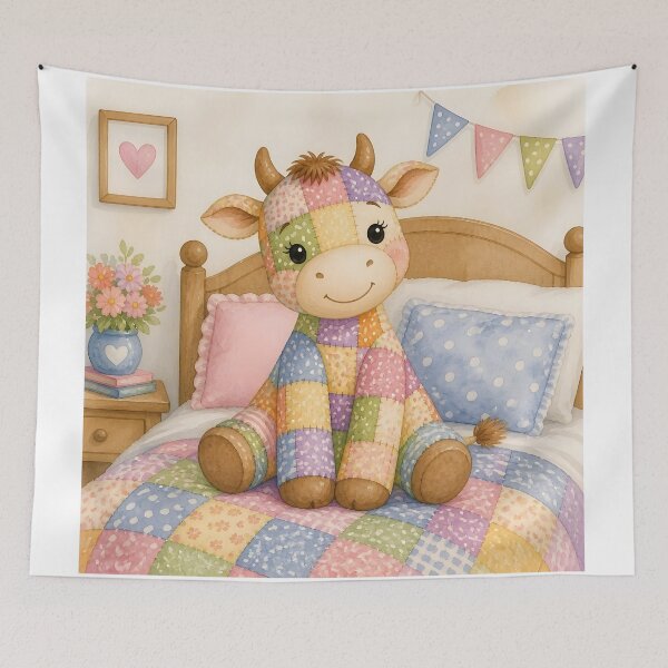 Item preview, Cute Patchwork Cow on Bed designed and sold by Shelley Loewnau-Jones Studio.