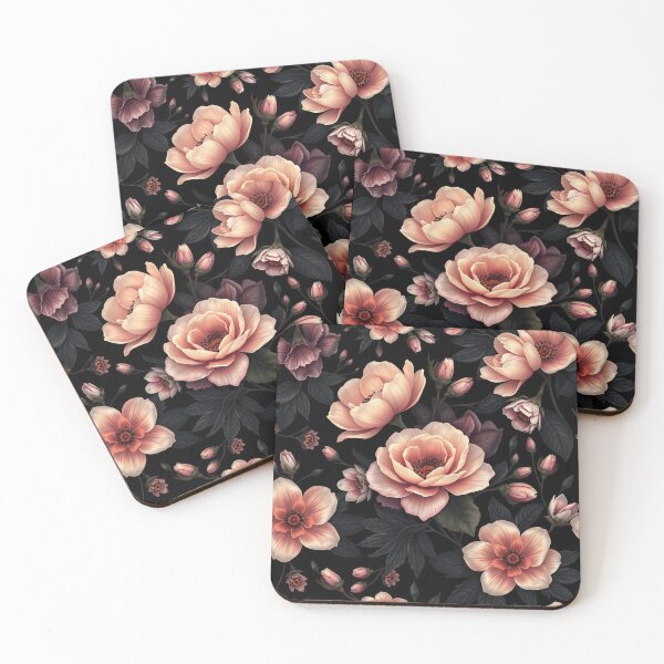 Item preview, Pink Peach Roses Floral Pattern Black Background Art designed and sold by IntelliMindDesigns.