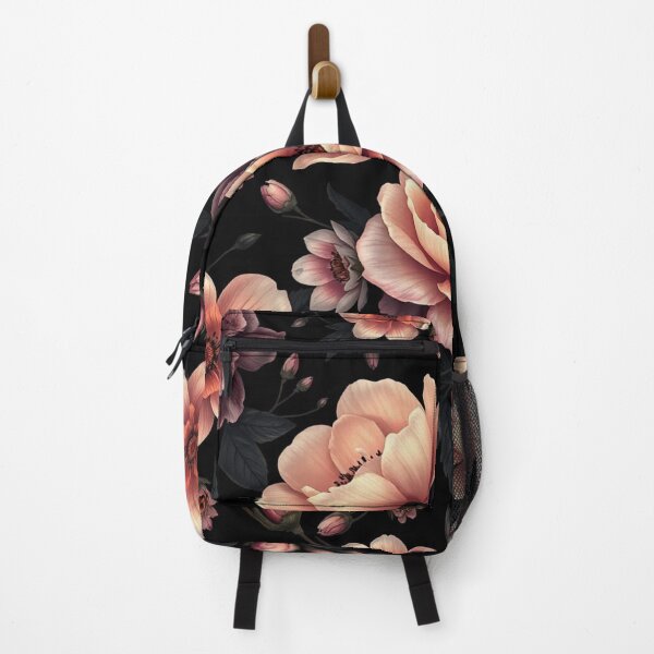Item preview, Pink Peach Roses Floral Pattern Black Background Art designed and sold by IntelliMindDesigns.