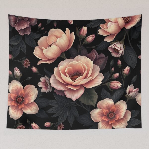 Item preview, Pink Peach Roses Floral Pattern Black Background Art designed and sold by IntelliMindDesigns.