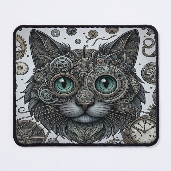 Item preview, Steampunk Mechanical Cat Clockwork Cyberpunk Mouse Pad designed and sold by CozyHavenStudio.