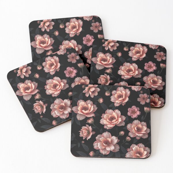 Item preview, Romantic Pink Peach Roses Floral Pattern Black Background designed and sold by IntelliMindDesigns.