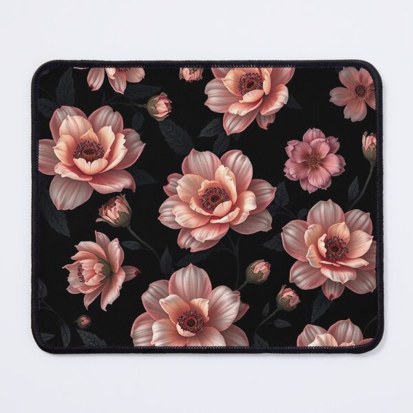 Item preview, Romantic Pink Peach Roses Floral Pattern Black Background designed and sold by IntelliMindDesigns.