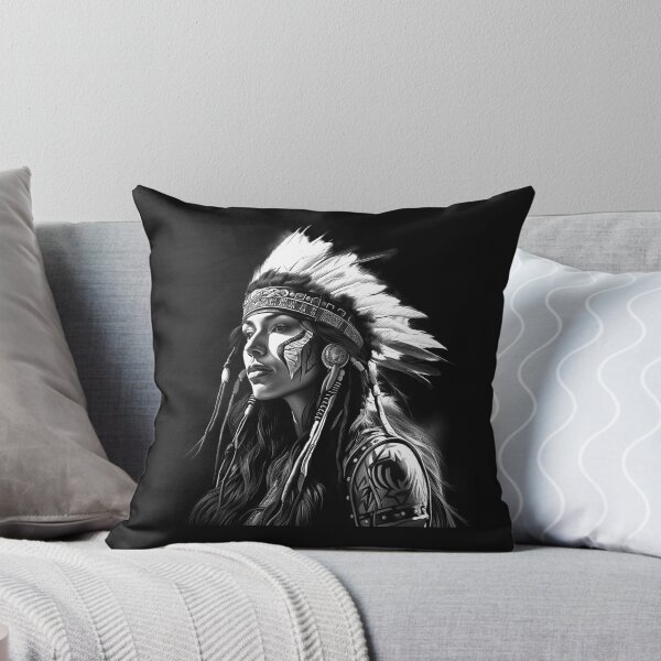 Item preview, Black and White Warrior Woman Feather Headdress Portrait designed and sold by inkoutninja.
