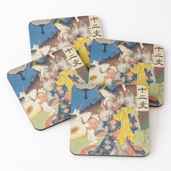 Item preview, Beautiful Woman and Dancing Rabbit - Vintage Ukiyo-e Print designed and sold by vekotpu.