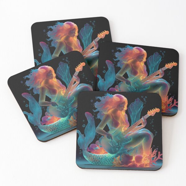 Item preview, Guitar mermaid Cosmic Ocean Art — Bold Neon Fantasy Print designed and sold by CosmicRockArt.