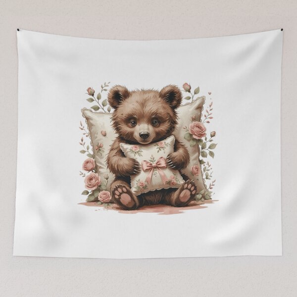 Item preview, Vintage Watercolor Baby Bear Cuddling Floral Pillow designed and sold by AQUILAKREO.