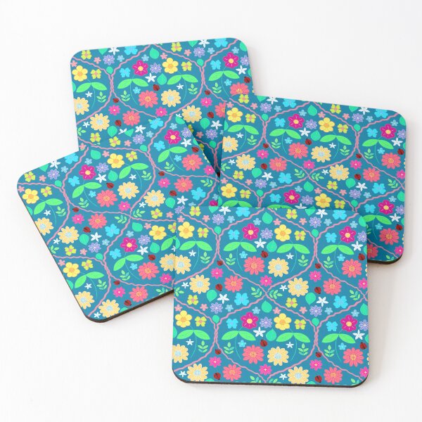 Item preview, Flowers and ladybugs pattern in blue designed and sold by Brushes with Nature.