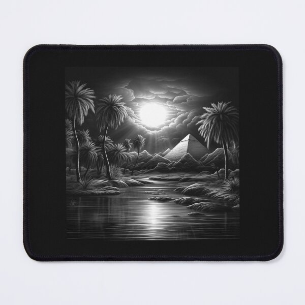 Item preview, Black and White Egyptian Pyramid Oasis Moonlight Art designed and sold by inkoutninja.