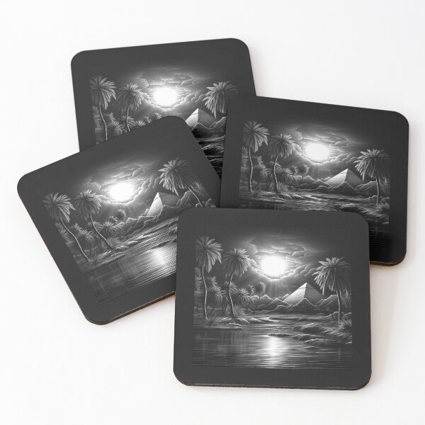 Item preview, Black and White Egyptian Pyramid Oasis Moonlight Art designed and sold by inkoutninja.
