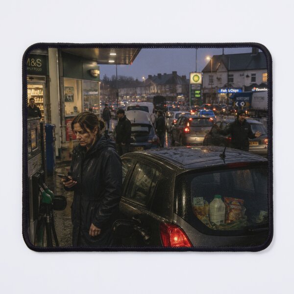 Item preview, Fuel Queue Crisis at a Rainy British Petrol Station | Civilian Home Front Modern War Art designed and sold by Element Horizon Studio.