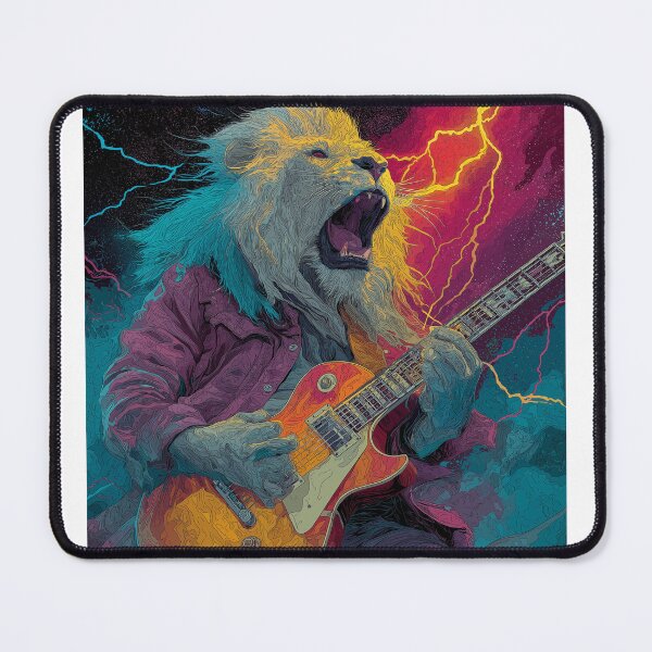 Item preview, Rock Lion Guitar Energy Art — Bold Neon Fantasy Print designed and sold by CosmicRockArt.
