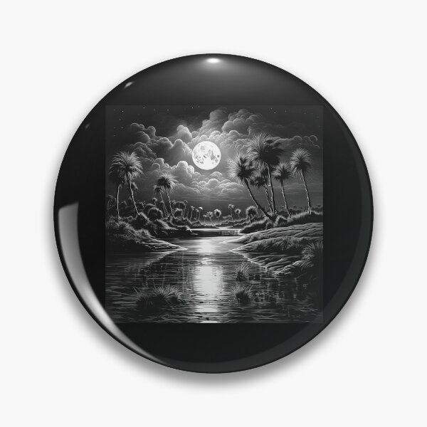 Item preview, Black and White Moonlit River Oasis Landscape Art designed and sold by inkoutninja.