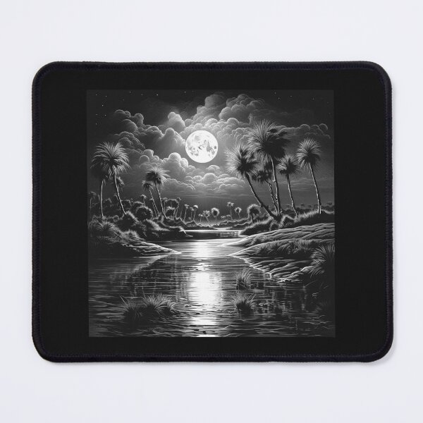 Item preview, Black and White Moonlit River Oasis Landscape Art designed and sold by inkoutninja.