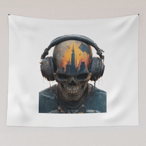 Item preview, Rock Skull Headphones Epic Space Art — Bold Neon T-Shirt Design designed and sold by CosmicRockArt.