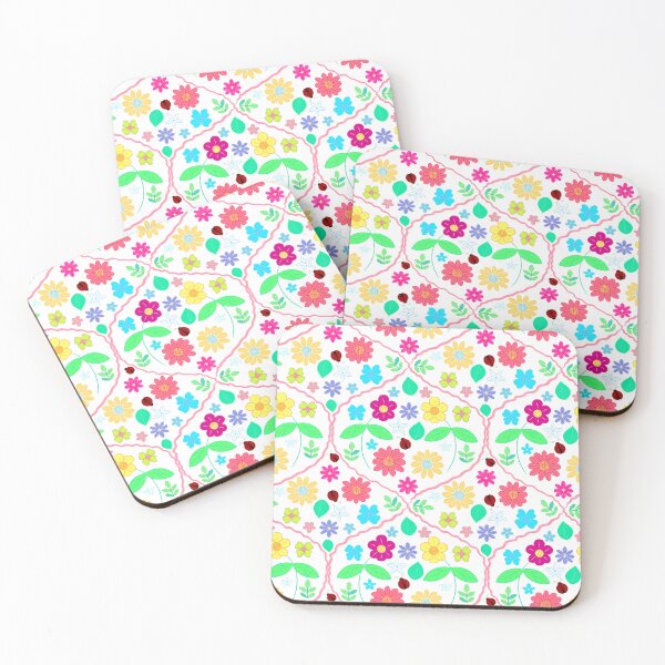 Item preview, Flowers and ladybugs pattern in white designed and sold by Brushes with Nature.