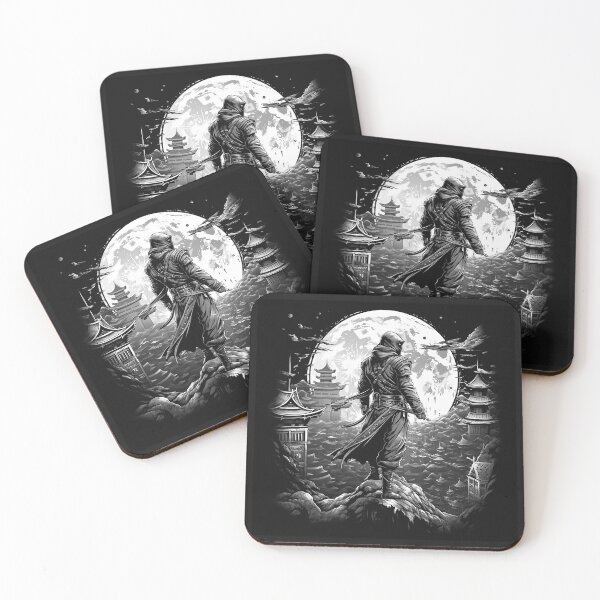 Item preview, Black and White Ninja Warrior Under Full Moon Japanese Art designed and sold by inkoutninja.