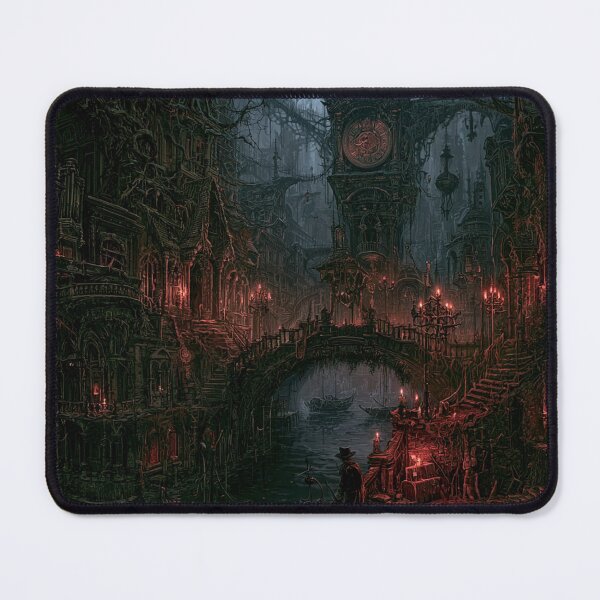 Item preview, Velmoor: The Arch of Hours | Dark Fantasy Gothic Arch Clock Canal Art Print designed and sold by Opetis.
