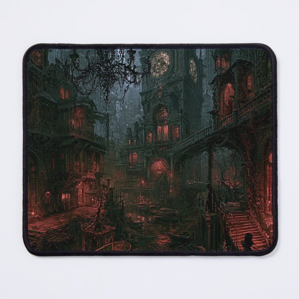 Item preview, Velmoor: The Counting House | Dark Fantasy Gothic Clock Facade Canal Art Print designed and sold by Opetis.