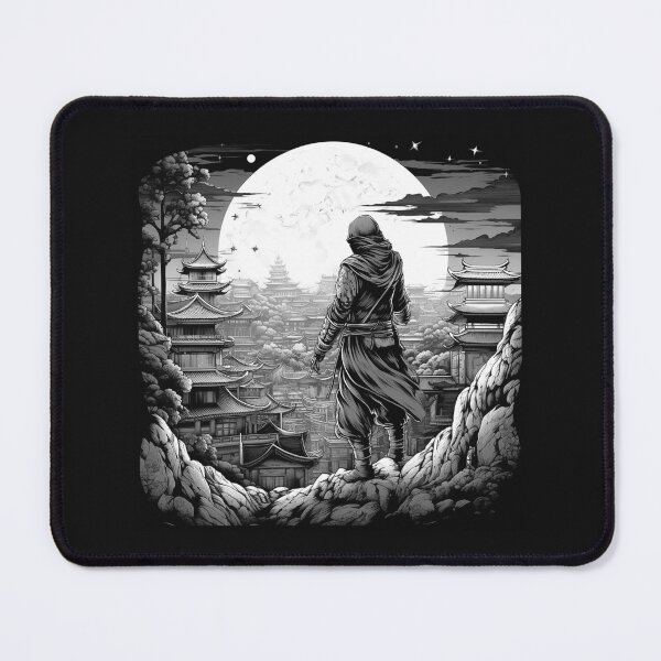 Item preview, Black and White Ninja Overlooking Japanese City Under Full Moon designed and sold by inkoutninja.