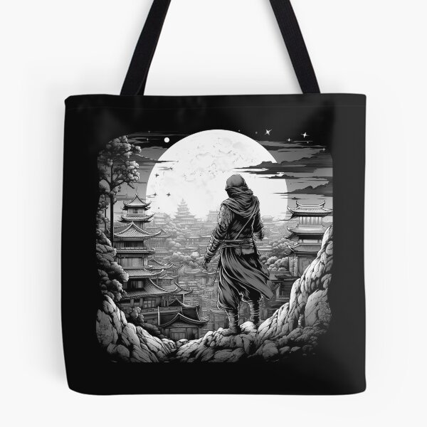 Item preview, Black and White Ninja Overlooking Japanese City Under Full Moon designed and sold by inkoutninja.