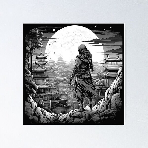 Item preview, Black and White Ninja Overlooking Japanese City Under Full Moon designed and sold by inkoutninja.