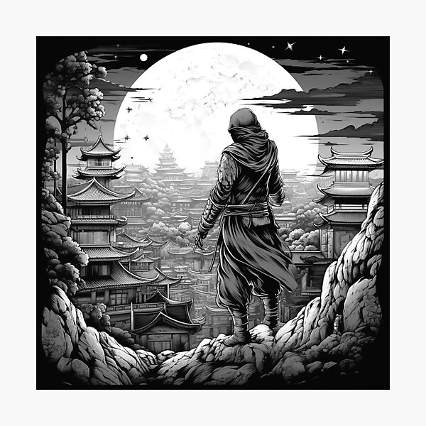 Item preview, Black and White Ninja Overlooking Japanese City Under Full Moon designed and sold by inkoutninja.