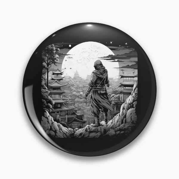 Item preview, Black and White Ninja Overlooking Japanese City Under Full Moon designed and sold by inkoutninja.