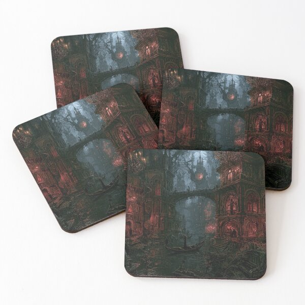 Item preview, Velmoor: The Red Balcony | Dark Fantasy Gothic Canal Night Art Print designed and sold by Opetis.