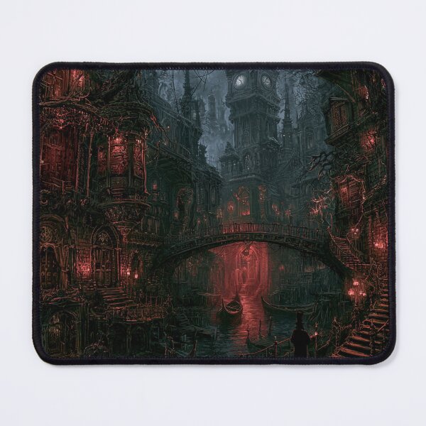 Item preview, Velmoor: The Red Water | Dark Fantasy Gothic Crimson Canal Art Print designed and sold by Opetis.