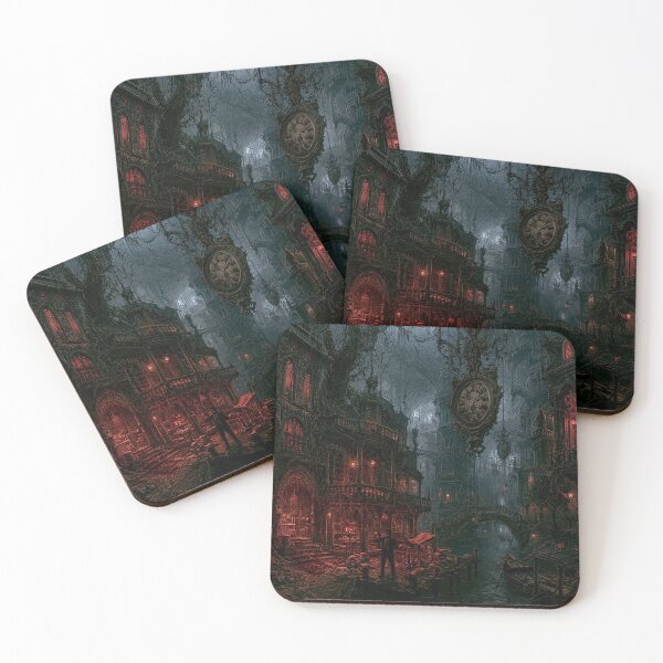 Item preview, Velmoor: The Scholar's Dock | Dark Fantasy Gothic Library Canal Art Print designed and sold by Opetis.